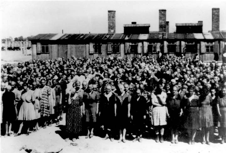 obóz - Auschwitz II-Birkenau concentration camp. Roll call in front of the camp kitchen. SS photograph, 1944..jpg